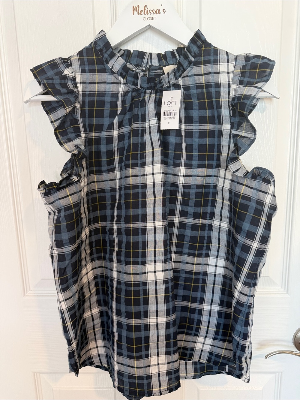 NWT LOFT Outlet Plaid Ruffle Mock Neck Flutter Sleeve Blouse Medium tartan